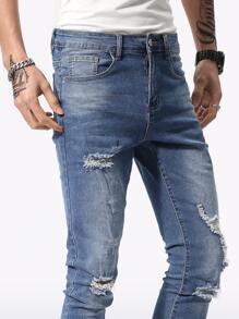 Manfinity Men Ripped Frayed Skinny Jeans - Medium Wash - View 4