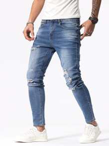 Manfinity Men Ripped Frayed Skinny Jeans - Medium Wash - View 6