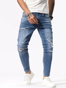 Manfinity Men Ripped Frayed Skinny Jeans - Medium Wash - View 7