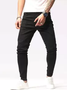 Manfinity Hombres Jeans ajustados desgarro crudo - Negro - Ver 1