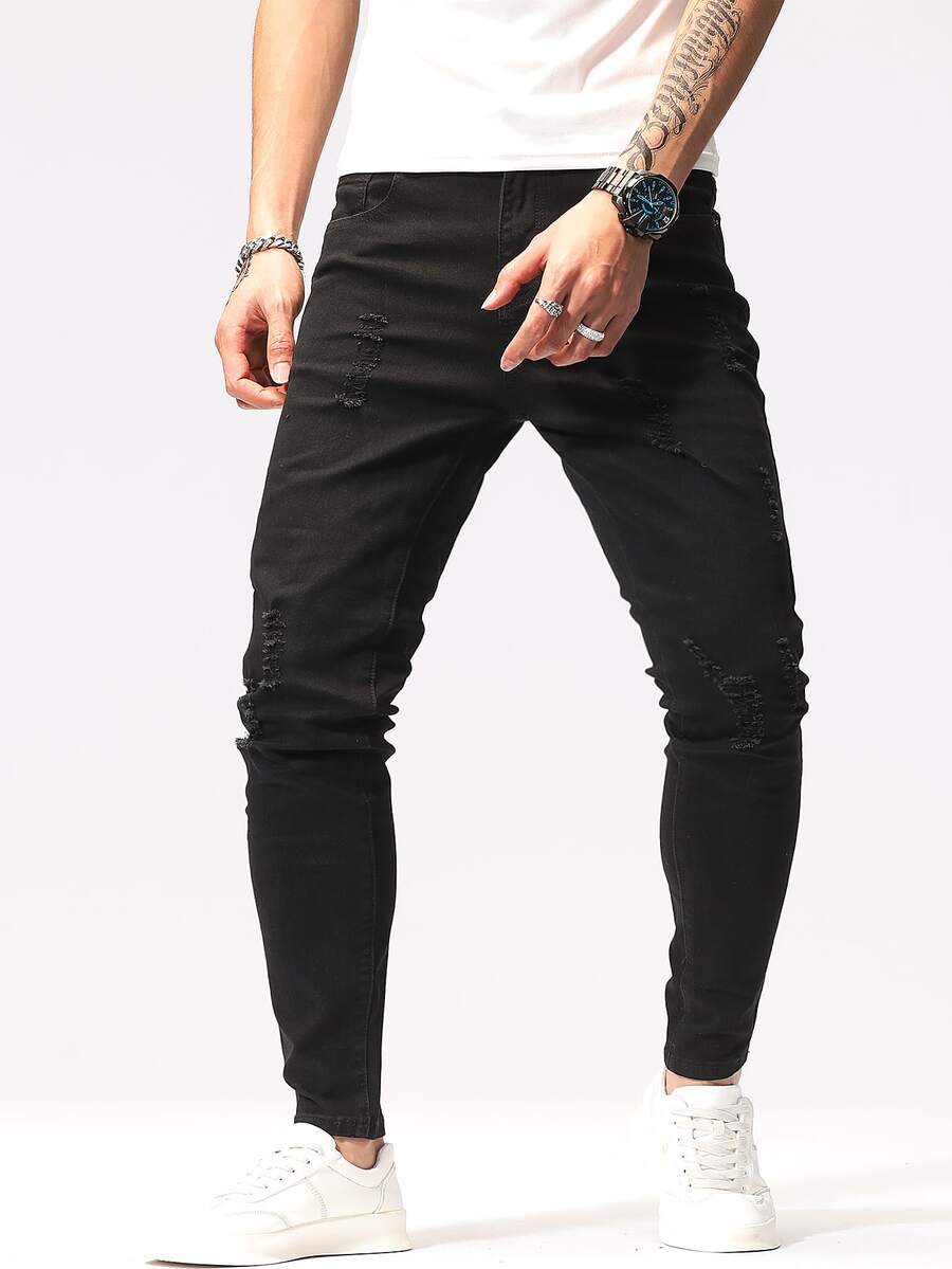 Manfinity Hombres Jeans ajustados desgarro crudo - Negro - Ver 1
