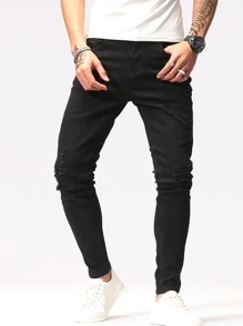 Manfinity Hombres Jeans ajustados desgarro crudo - Negro - Ver 3