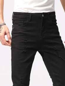 Manfinity Hombres Jeans ajustados desgarro crudo - Negro - Ver 4