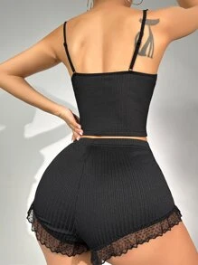 網紗邊前蝴蝶結吊帶背心和短褲睡衣套裝 - 黑色 - 查看 2