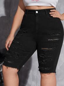 Shorts mezclilla desgarro bajo crudo de talle alto - Negro - Ver 4