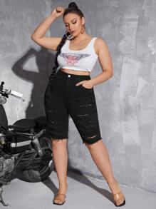 Shorts mezclilla desgarro bajo crudo de talle alto - Negro - Ver 5