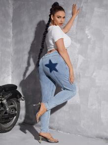 Plus Star Print Skinny Jeans - Light Wash - View 2