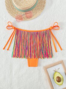 Bottom de bikini de rayas de colores bajo con fleco con cordón lateral - Multicolor - Ver 5