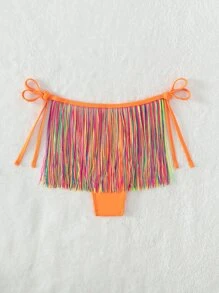 Bottom de bikini de rayas de colores bajo con fleco con cordón lateral - Multicolor - Ver 2