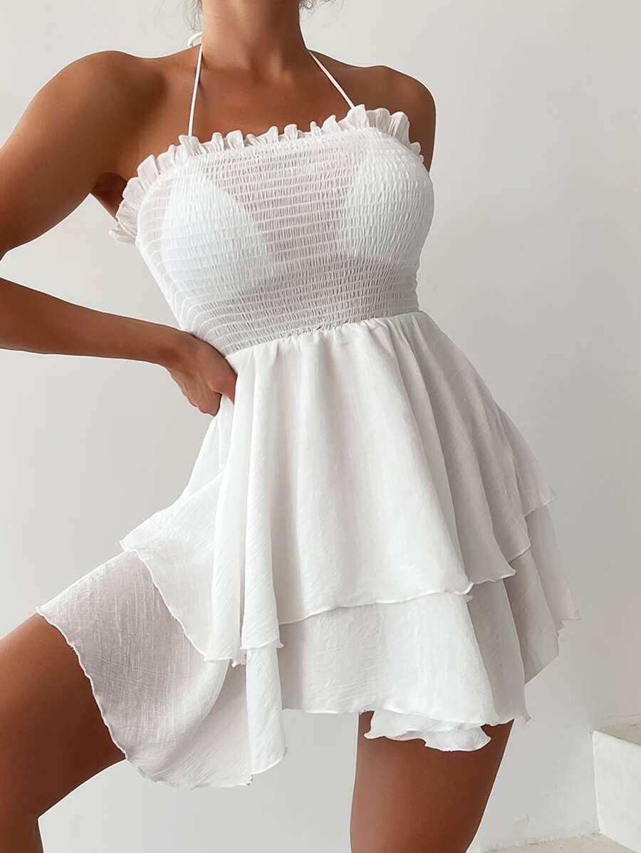 SHEIN Plain Shirred Bodice Cover Up Dress - White - View 1