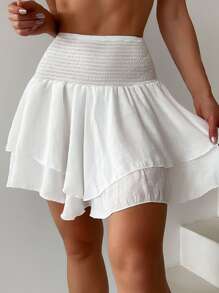 SHEIN Swim Summer Beach Shirred High Waist Two Layer Hem Cover Up Skirt - White - View 1
