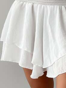 SHEIN Swim Summer Beach Shirred High Waist Two Layer Hem Cover Up Skirt - White - View 3