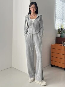 DAZY Solid Zip Up Hoodie & Split Hem Trousers - Grey - View 1
