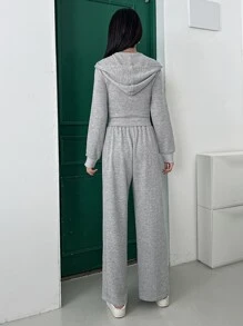 DAZY Solid Zip Up Hoodie & Split Hem Trousers - Grey - View 2