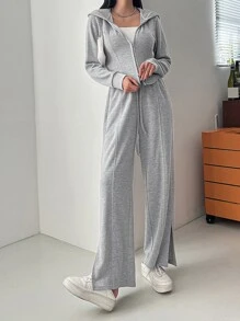 DAZY Solid Zip Up Hoodie & Split Hem Trousers - Grey - View 5