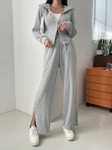 DAZY Solid Zip Up Hoodie & Split Hem Trousers - Grey - View 6