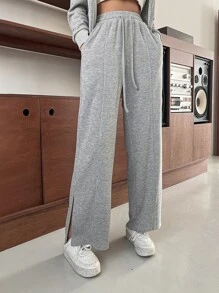 DAZY Solid Zip Up Hoodie & Split Hem Trousers - Grey - View 7