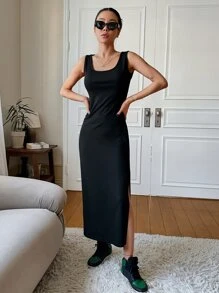 DAZY 净色开叉大腿背心裙太阳裙 - 黑色 - 查看 5