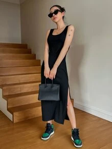 DAZY 净色开叉大腿背心裙太阳裙 - 黑色 - 查看 7