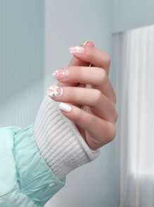 24pcs Short Square Bow-knot Decor Fake Nail & 1sheet Tape & 1pc Nail File - Multicolor - View 1