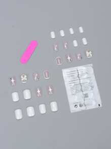 24pcs Short Square Bow-knot Decor Fake Nail & 1sheet Tape & 1pc Nail File - Multicolor - View 2