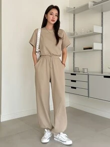 DAZY Bộ đồ thể thao nữ áo thun tay lửng Dolman trơn và quần nỉ - Màu Khaki - Xem 3