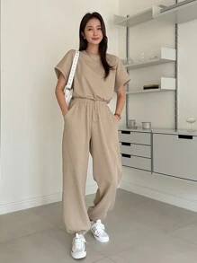 DAZY Bộ đồ thể thao nữ áo thun tay lửng Dolman trơn và quần nỉ - Màu Khaki - Xem 4