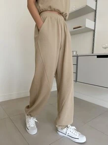 DAZY Bộ đồ thể thao nữ áo thun tay lửng Dolman trơn và quần nỉ - Màu Khaki - Xem 6