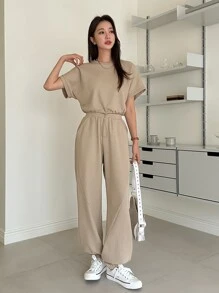 DAZY Bộ đồ thể thao nữ áo thun tay lửng Dolman trơn và quần nỉ - Màu Khaki - Xem 7