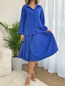 燈籠袖襯衫和百褶半身裙 - 寶藍色 - 查看 4