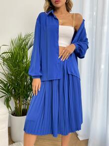 燈籠袖襯衫和百褶半身裙 - 寶藍色 - 查看 6