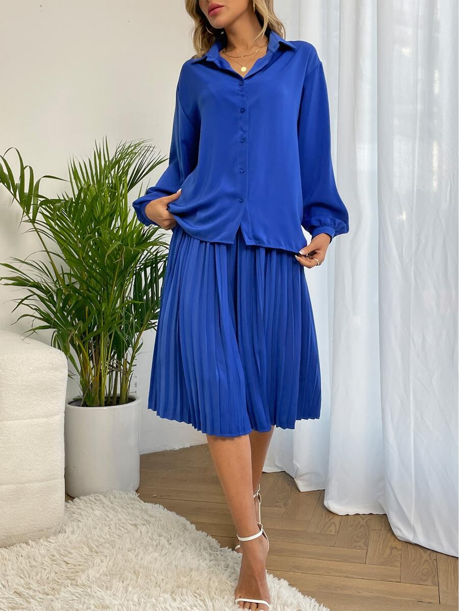 燈籠袖襯衫和百褶半身裙 - 寶藍色 - 查看 1