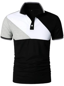 Men Colour Block Striped Trim Polo Shirt - Multicolor - View 1