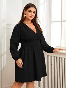 RueChic Plus Size Black V-Neck Elastic Waist Long Sleeve Dress With Low-Cut Neckline - Black - View 4