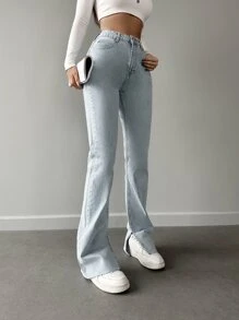 EURMUSE Solid Raw Hem Split Hem Straight Leg Jeans - Light Wash - View 1