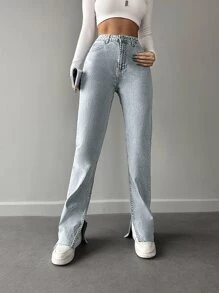 EURMUSE Solid Raw Hem Split Hem Straight Leg Jeans - Light Wash - View 3