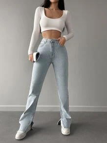 EURMUSE Solid Raw Hem Split Hem Straight Leg Jeans - Light Wash - View 4