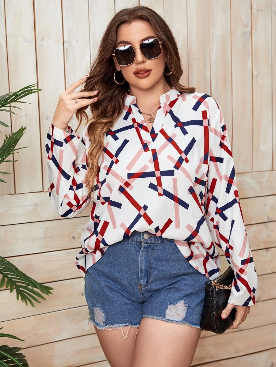 SHEIN LUNE Áo sơ mi Plus Size Hình học Tất cả trên in Giải trí - Nhiều màu - Xem 1