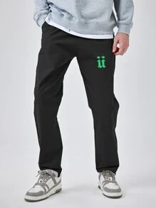 Men Letter Graphic Straight Leg Trousers - Black - View 3