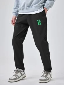 Men Letter Graphic Straight Leg Trousers - Black - View 1