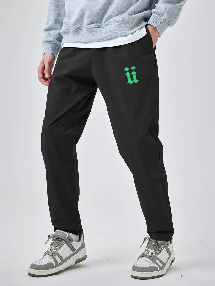 Men Letter Graphic Straight Leg Trousers - Black - View 1