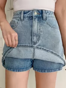 DAZY 斜插口袋牛仔短裤 - 淺色水洗藍 - 查看 1