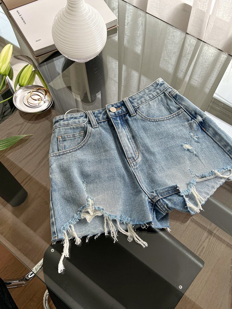 Ripped Raw Hem Denim Shorts