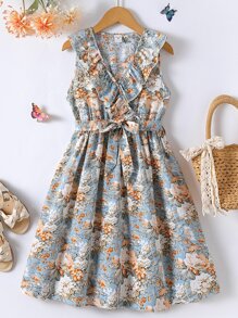 Girls Floral Print Ruffle Trim Belted Dress - Multicolor - View 1