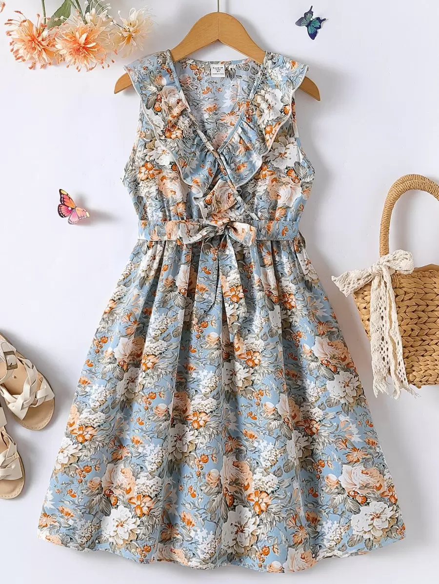 Girls Floral Print Ruffle Trim Belted Dress - Multicolor - View 1
