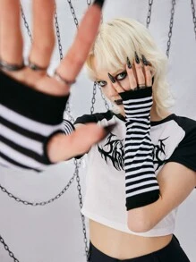 ROMWE Grunge Punk Striped Fingerless Gloves - Black and White - View 2