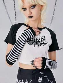 ROMWE Grunge Punk Striped Fingerless Gloves - Black and White - View 3