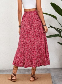 SHEIN VCAY Ditsy Floral Drawstring Ruched Front Asymmetrical Hem Skirt - Red - View 2
