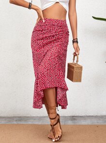 SHEIN VCAY Ditsy Floral Drawstring Ruched Front Asymmetrical Hem Skirt - Red - View 4