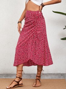SHEIN VCAY Ditsy Floral Drawstring Ruched Front Asymmetrical Hem Skirt - Red - View 5